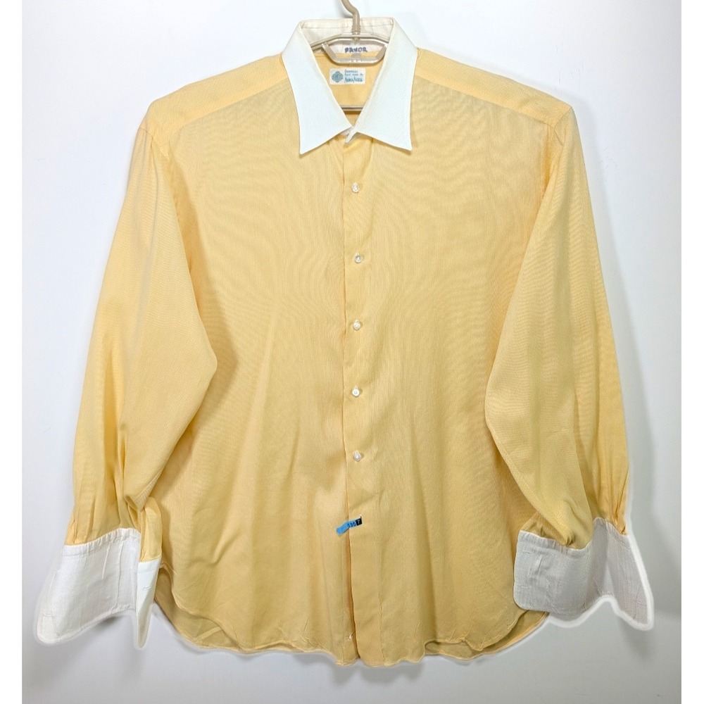 Vintage Borrelli Mens Dress Shirt 18 Contrast Collar French Cuff Cotton Yellow
